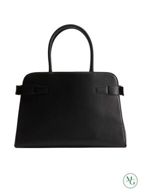 H&M Black Faux Leather Shopper Tote Bag Side Belt Buckle Gold Hardware